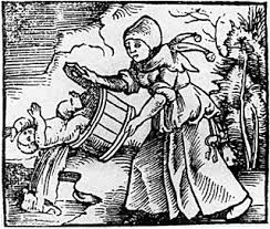 16th-century woodcut of a woman throwing a baby out with the bathwater
