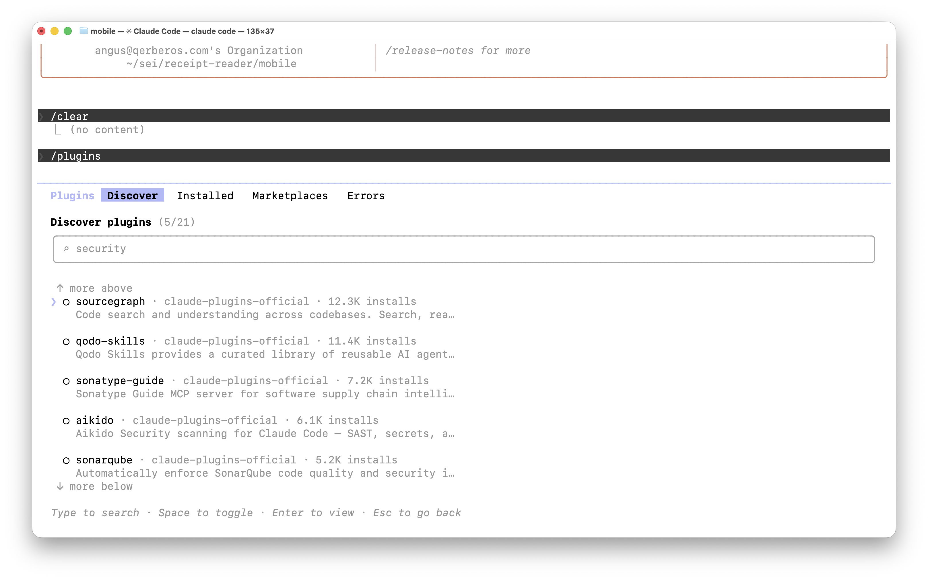 Claude Code plugin marketplace, Discover tab, search for security: sourcegraph, qodo-skills, sonatype-guide, aikido, sonarqube plugins listed with install counts